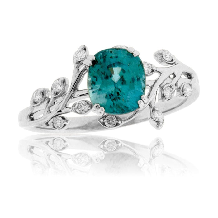 Fancy Cut Oval Blue Zircon & Diamond Nature Inspired Ring - Park City Jewelers
