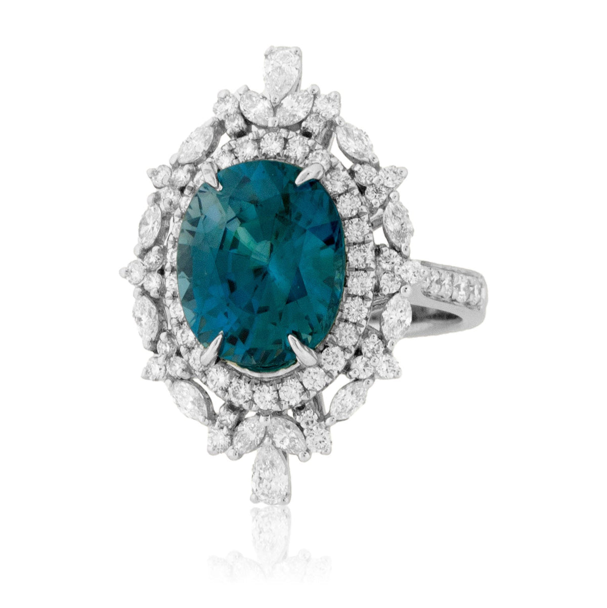 Fancy Cut Oval Blue Zircon & Diamond Vintage Inspired Ring - Park City Jewelers