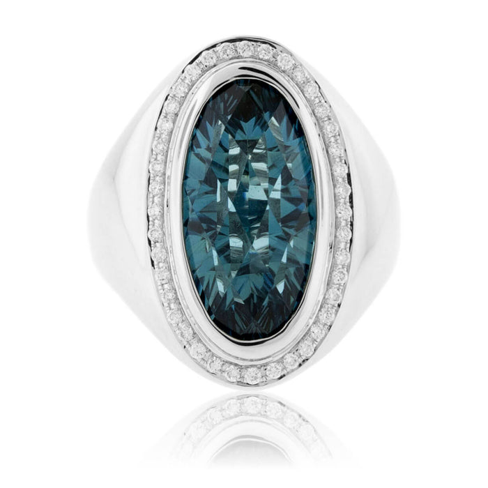 Fancy Cut Oval London Blue Topaz with Diamond Halo Ring - Park City Jewelers