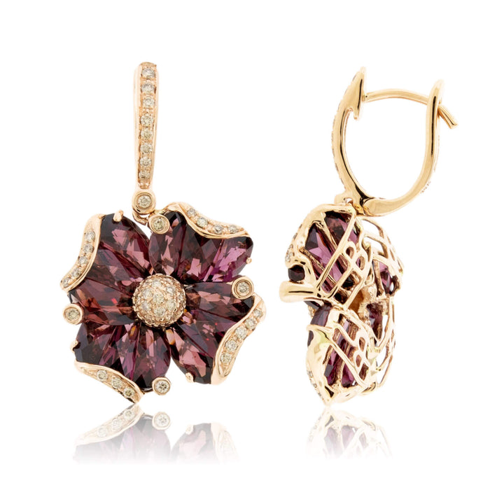 Fancy Cut Rhodolite Garnet & Diamond Flower Dangle Earrings - Park City Jewelers