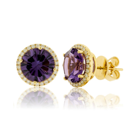 Fancy Cut Round Amethyst & Diamond Halo Stud Earrings - Park City Jewelers