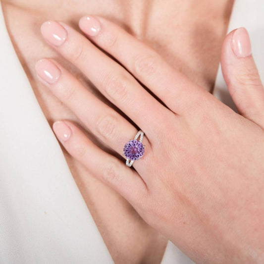 Fancy Daisy Cut Amethyst with Diamond Split Shank Ring - Park City Jewelers