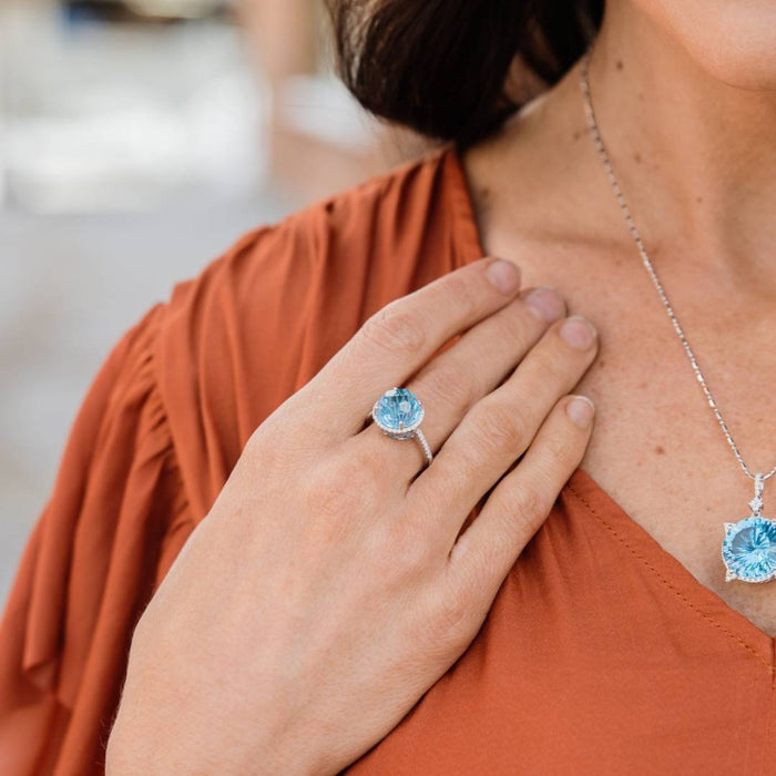 Fancy Daisy Cut Blue Topaz with Diamond Halo Ring - Park City Jewelers