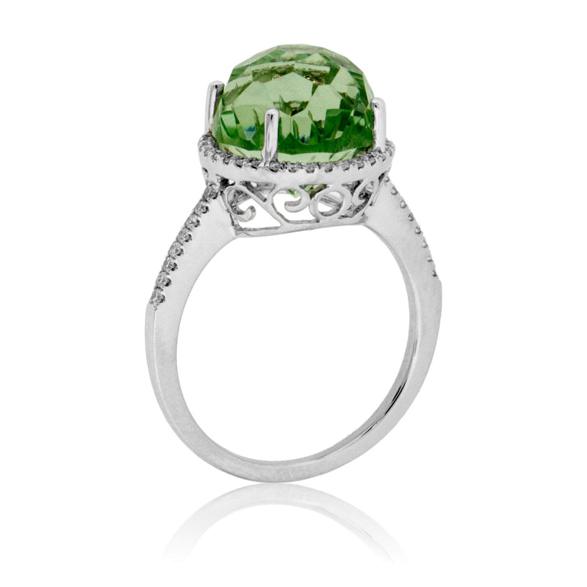 Fancy Daisy Cut Green Amethyst with Diamond Halo Ring - Park City Jewelers