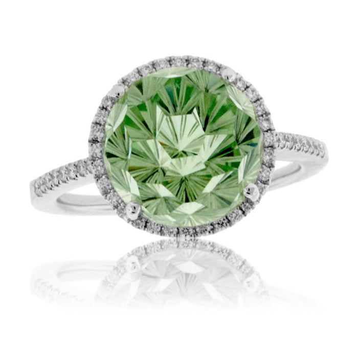 Fancy Daisy Cut Green Amethyst with Diamond Halo Ring - Park City Jewelers