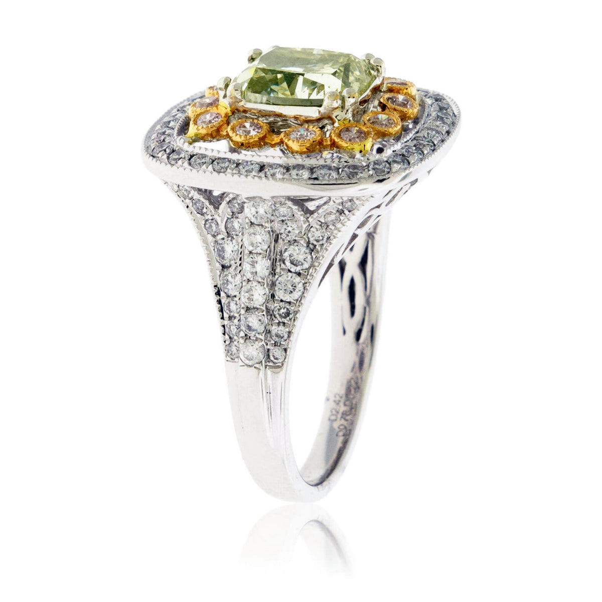 Fancy Natural Green-Yellow Diamond with Pink Diamond & Diamond Halo Ring - Park City Jewelers