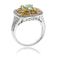 Fancy Natural Green-Yellow Diamond with Pink Diamond & Diamond Halo Ring - Park City Jewelers