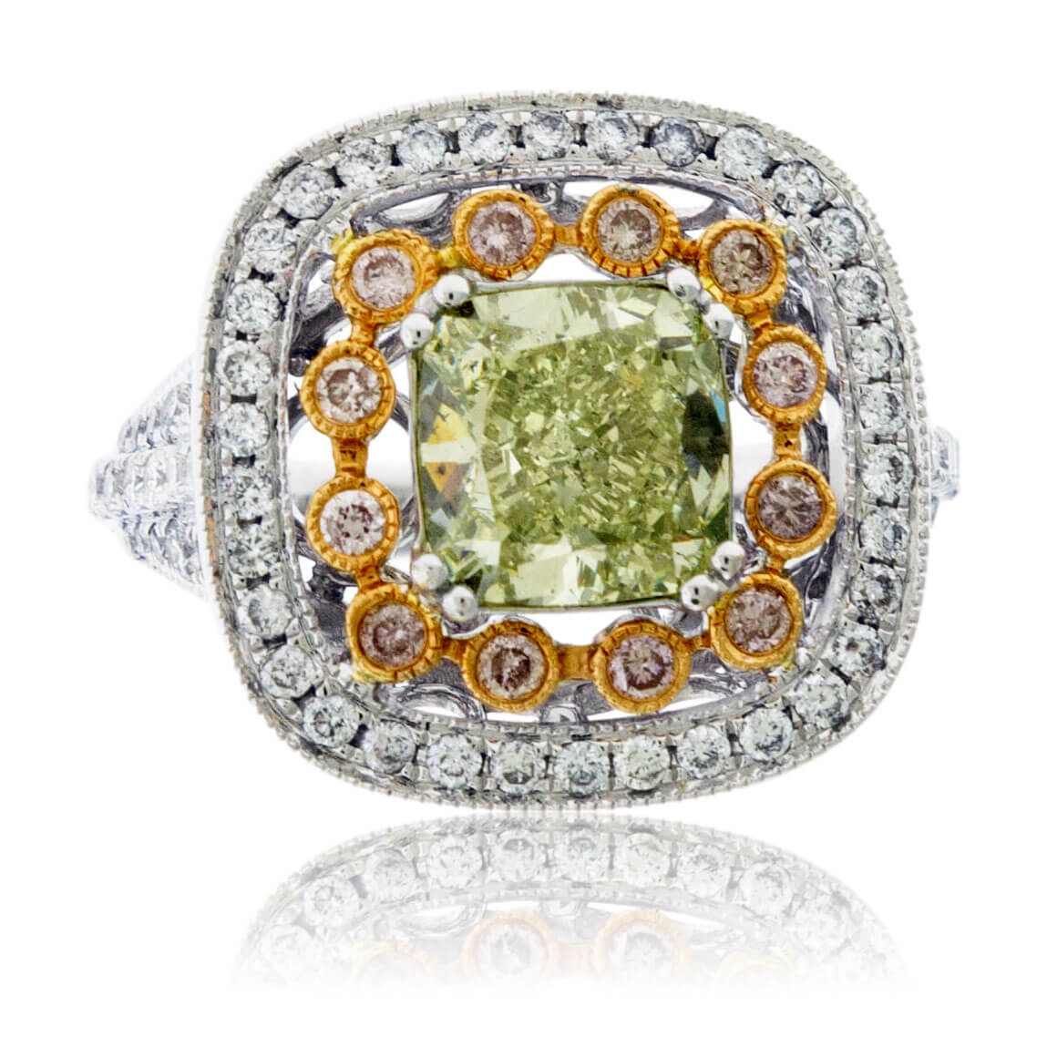 Fancy Natural Green-Yellow Diamond with Pink Diamond & Diamond Halo Ring