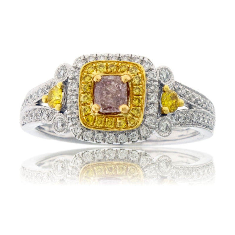 Fancy Natural Pink Diamond Center with Yellow Diamond & Diamond Halo Ring - Park City Jewelers