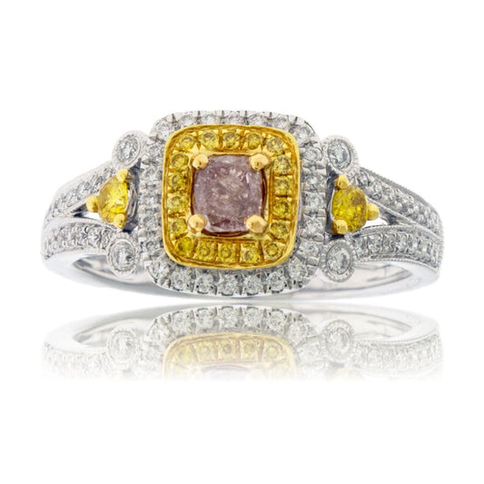 Fancy Natural Pink Diamond Center with Yellow Diamond & Diamond Halo Ring - Park City Jewelers