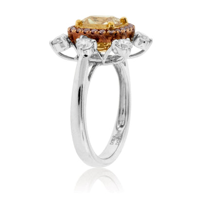 Fancy Natural Yellow Diamond with Pink Diamond & Diamond Halo Ring - Park City Jewelers