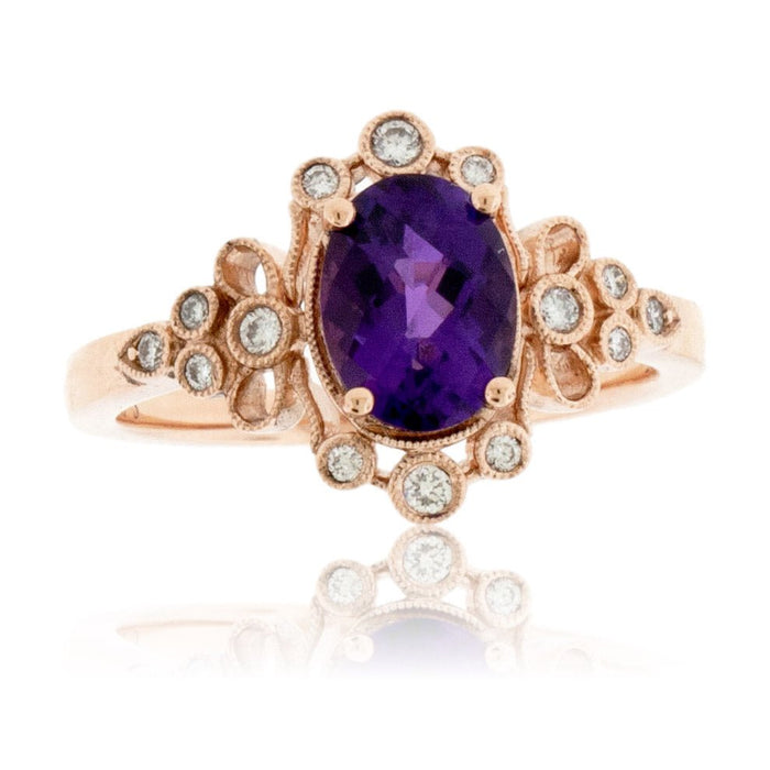 Fancy Oval Cut Amethyst and Diamond Vintage Inspired Halo Ring - Park City Jewelers