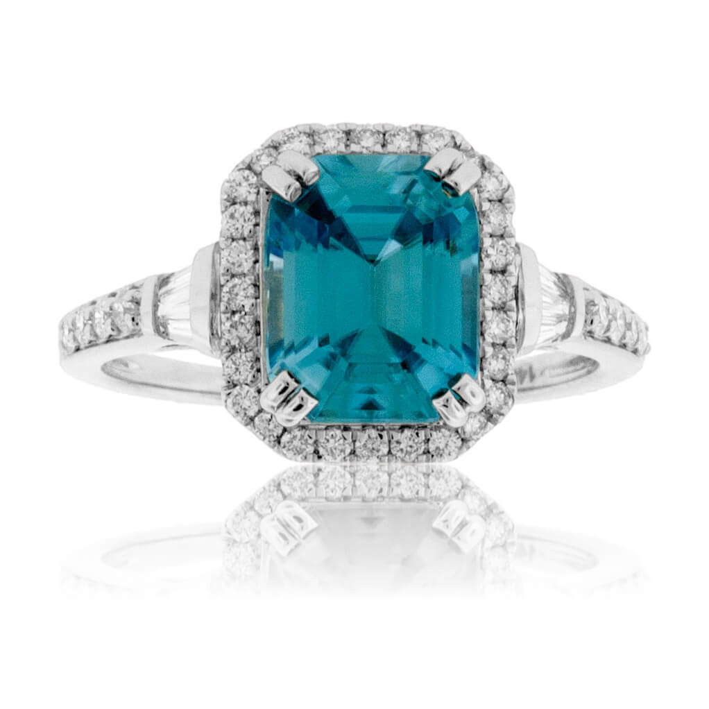 Fancy Step Cut Blue Zircon & Diamond Halo Ring - Park City Jewelers