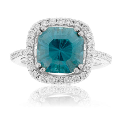 Fancy Step Cut Blue Zircon & Diamond Halo Ring - Park City Jewelers
