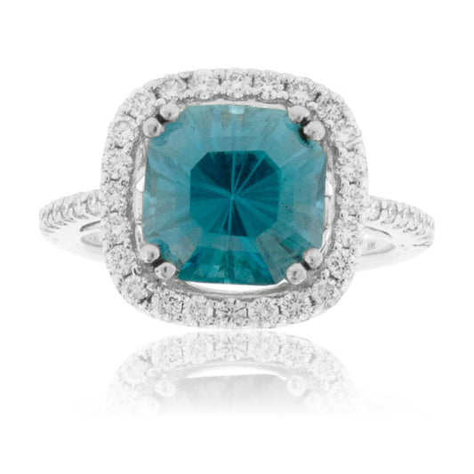 Fancy Step Cut Blue Zircon & Diamond Halo Ring - Park City Jewelers