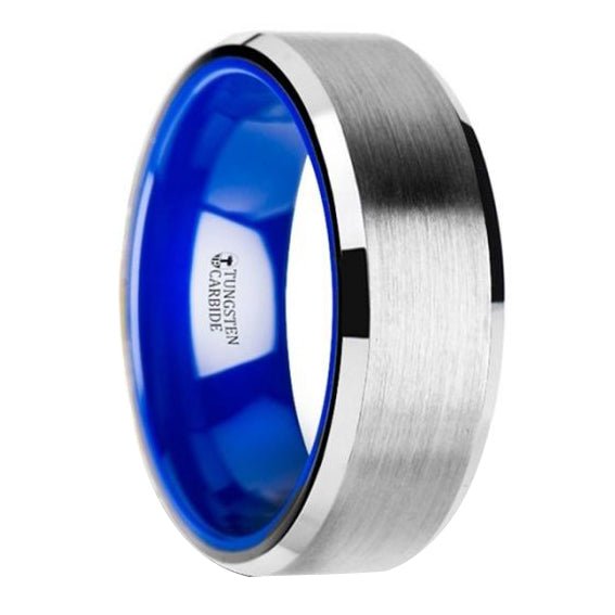 Flat Beveled-Edged Tungsten Ring with Brushed Center and Vibrant Blue Ceramic Inside - Park City Jewelers
