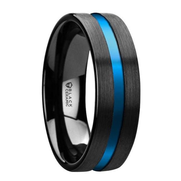 Flat Brushed Finish Black Ceramic Ring with Blue Grooved Center - Park City Jewelers