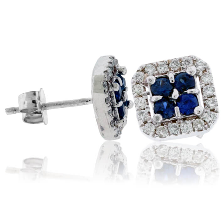 Four Blue Sapphire & Diamond Halo Square Stud Earrings - Park City Jewelers