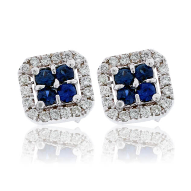 Four Blue Sapphire & Diamond Halo Square Stud Earrings - Park City Jewelers