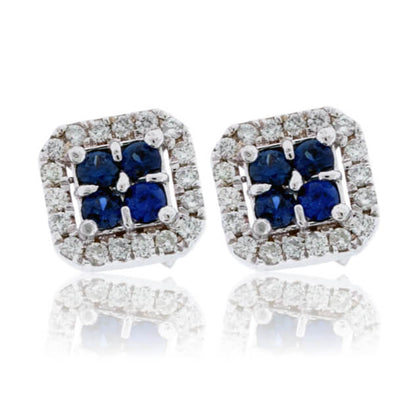 Four Blue Sapphire & Diamond Halo Square Stud Earrings - Park City Jewelers