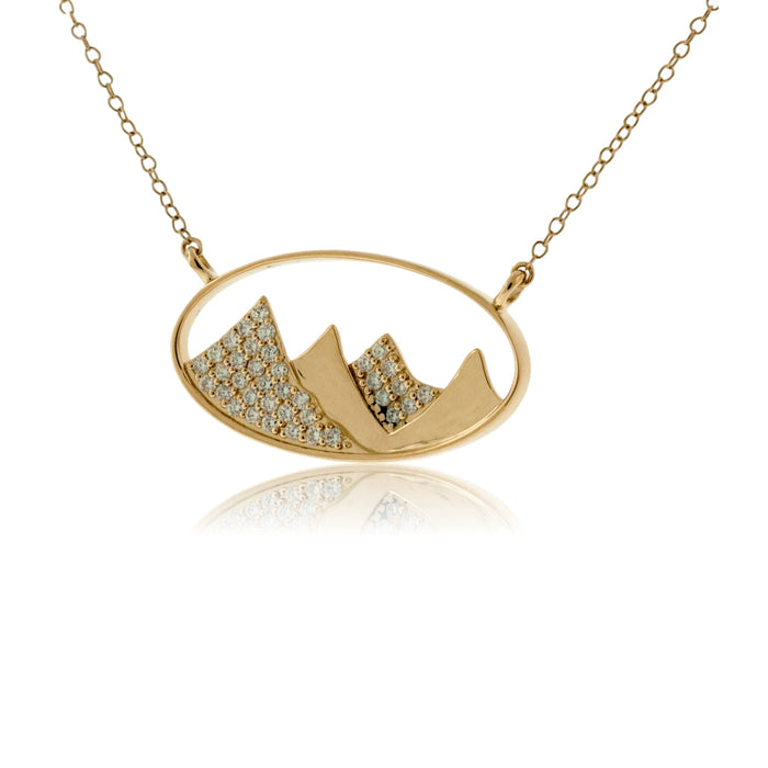 Gold Oval Outline and Diamond Mountain Silhouette Necklace - Park City Jewelers