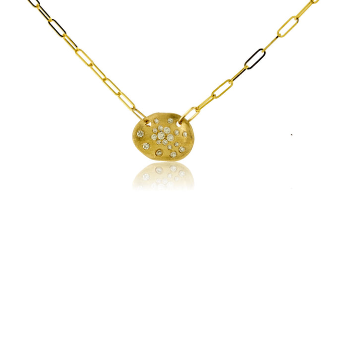 Gold Satin Finish Flush Set Diamond Disc Necklace - Park City Jewelers