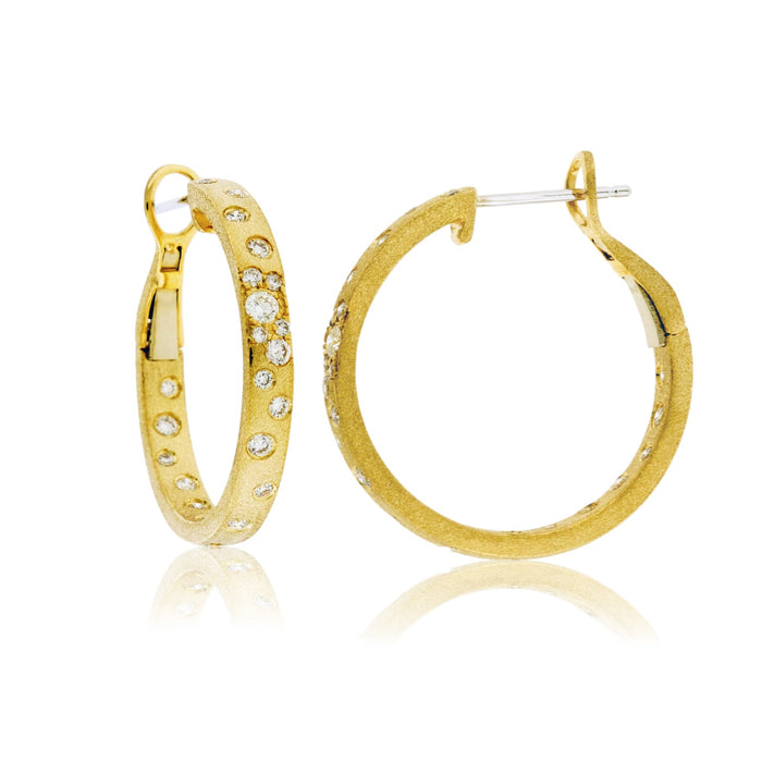 Gold Satin Finish Flush Set Diamond Hoop Earrings - Park City Jewelers