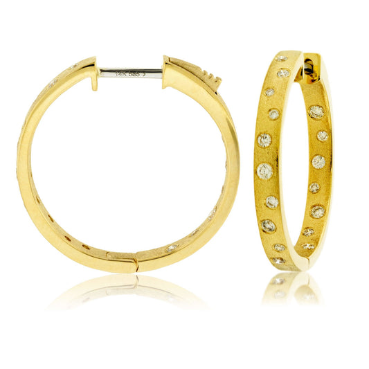 Gold Satin Finish Flush Set Diamond Hoop Earrings - Park City Jewelers