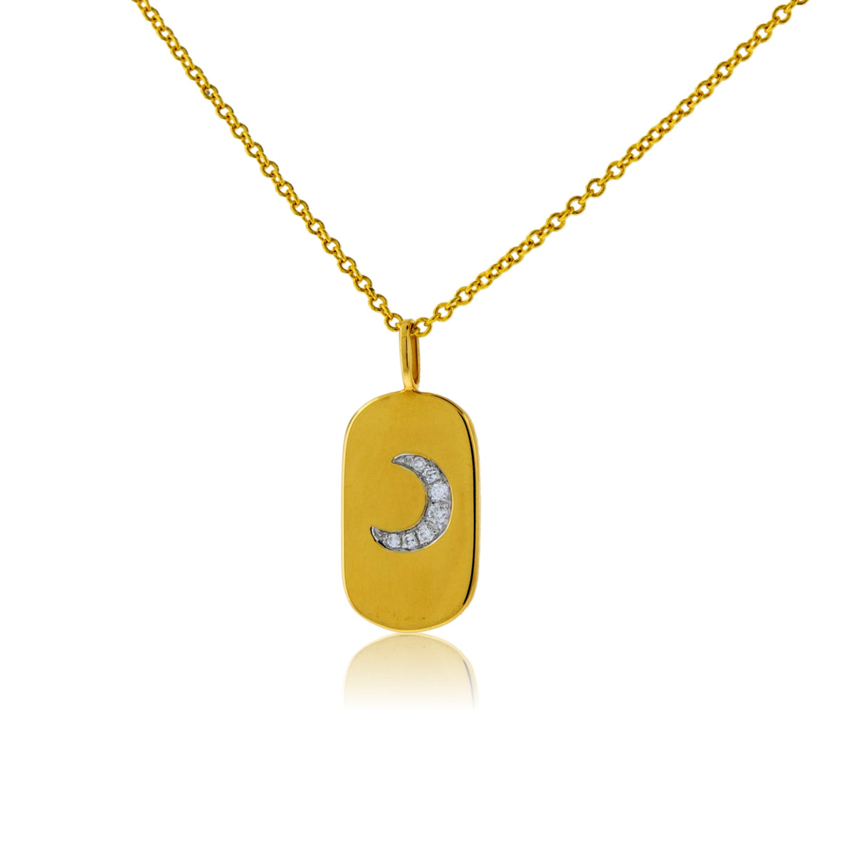 Gold Satin Finish Flush Set Diamond Moon Dog Tag Necklace - Park City Jewelers