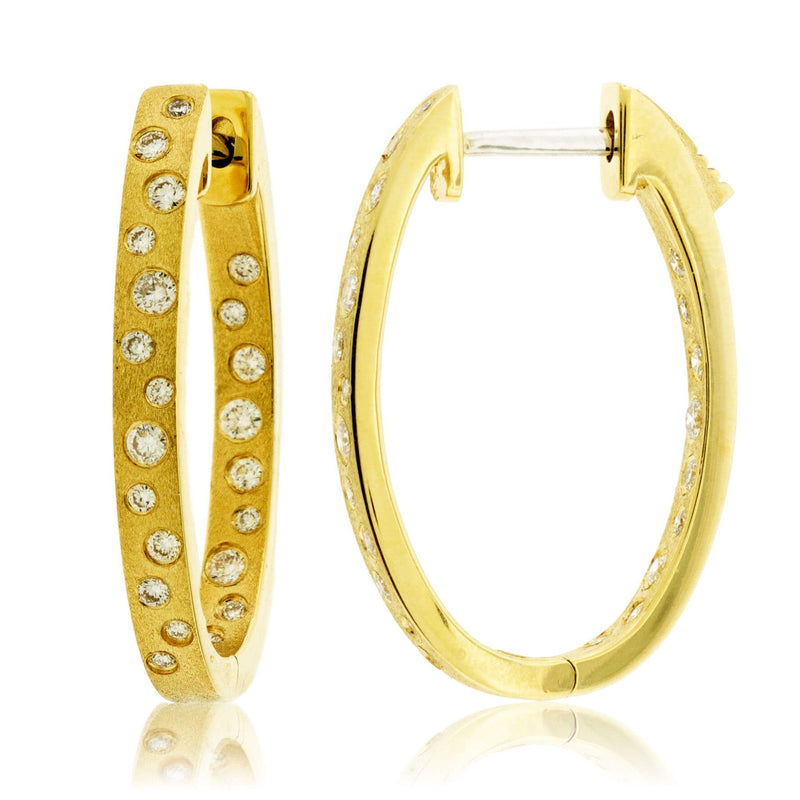 Gold Satin Finish Flush Set Diamond Oval Hoop Earrings - Park City Jewelers
