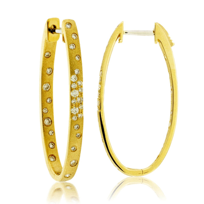 Gold Satin Finish Flush Set Diamond Oval Hoop Earrings - Park City Jewelers