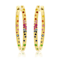 Gold Satin Finish Flush Set Rainbow Sapphire Oval Hoop Earrings - Park City Jewelers
