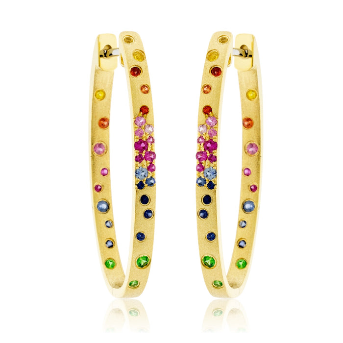 Gold Satin Finish Flush Set Rainbow Sapphire Oval Hoop Earrings - Park City Jewelers