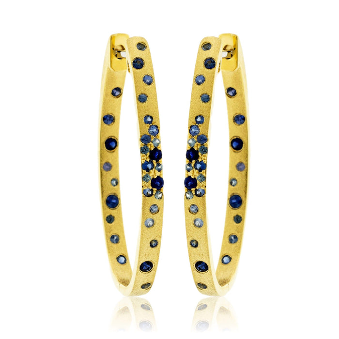 Gold Satin Finish Flush Set Sapphire Oval Hoop Earrings - Park City Jewelers