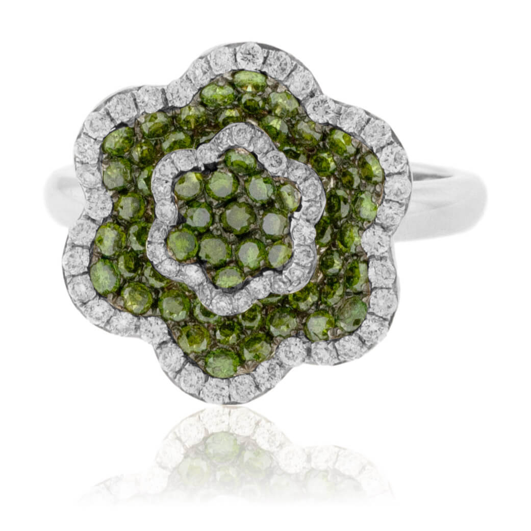 Green Diamond and Diamond Flower Halo Style Ring - Park City Jewelers