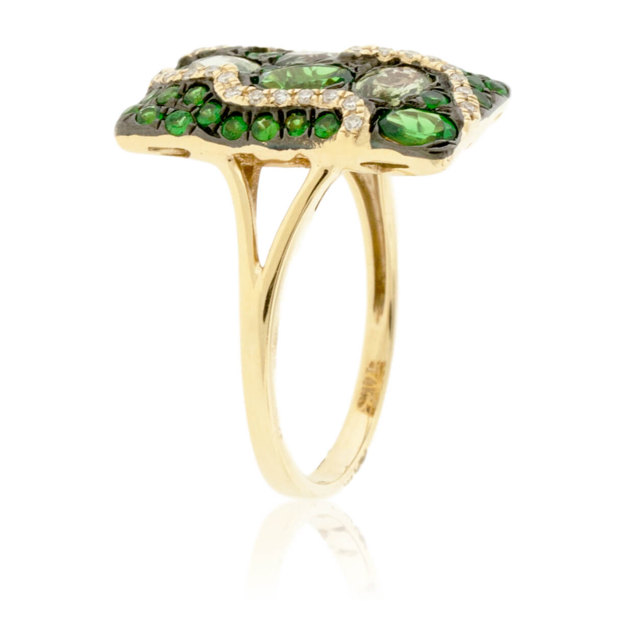 Contemporary mixed metal engagement ring with deep green tsavorite and  diamonds