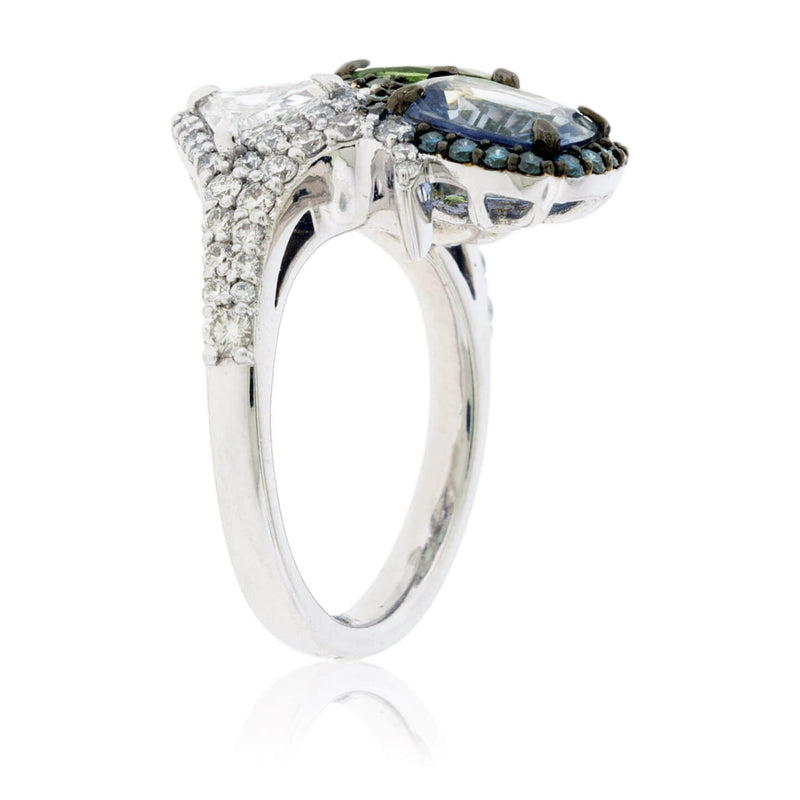Green Tourmaline, Blue Sapphire & Trillian Diamond Ring - Park City Jewelers