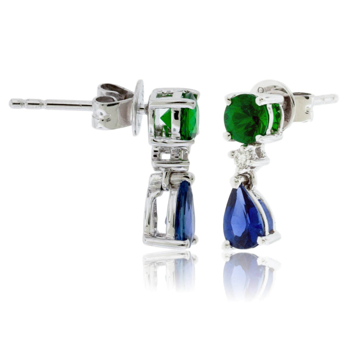 Green Tsavorite Garnet, Blue Sapphire, & Diamond Drop Earrings - Park City Jewelers
