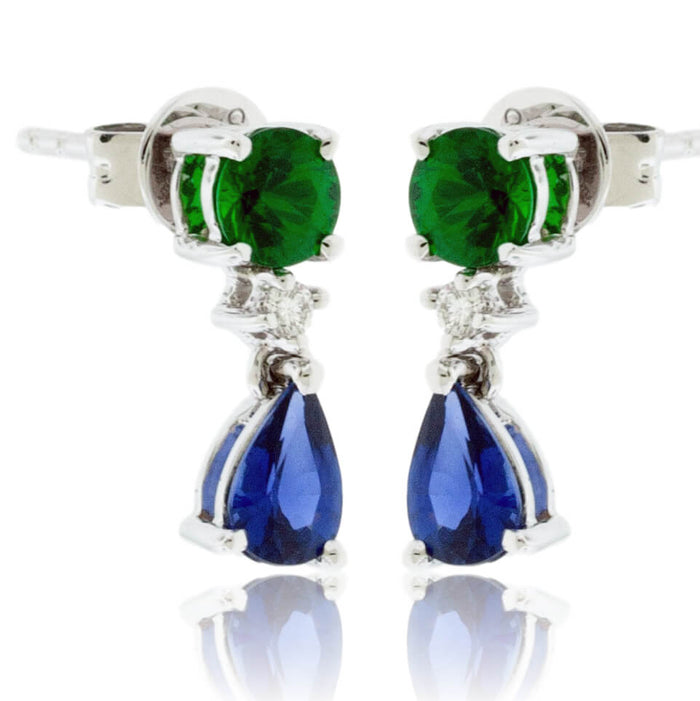 Green Tsavorite Garnet, Blue Sapphire, & Diamond Drop Earrings - Park City Jewelers