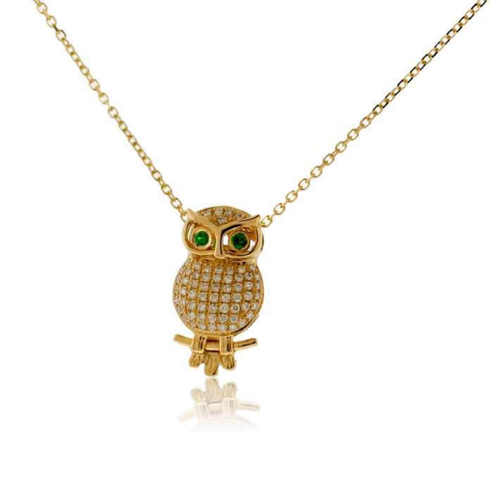 Green Tsavorite Garnet Eye & Diamond Owl Pendant - Park City Jewelers