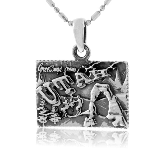 Greetings From Utah Sterling Silver Postcard Pendant / Charm - Park City Jewelers