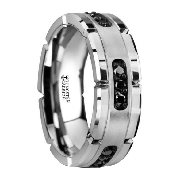 Grooved Tungsten Ring with Silver Inlay & Black Diamonds - Park City Jewelers