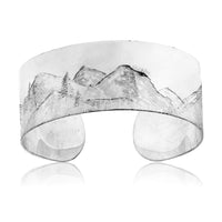 Hand Engraved Mountain Scene on Wide Sterling Silver Bracelet - Park City Jewelers