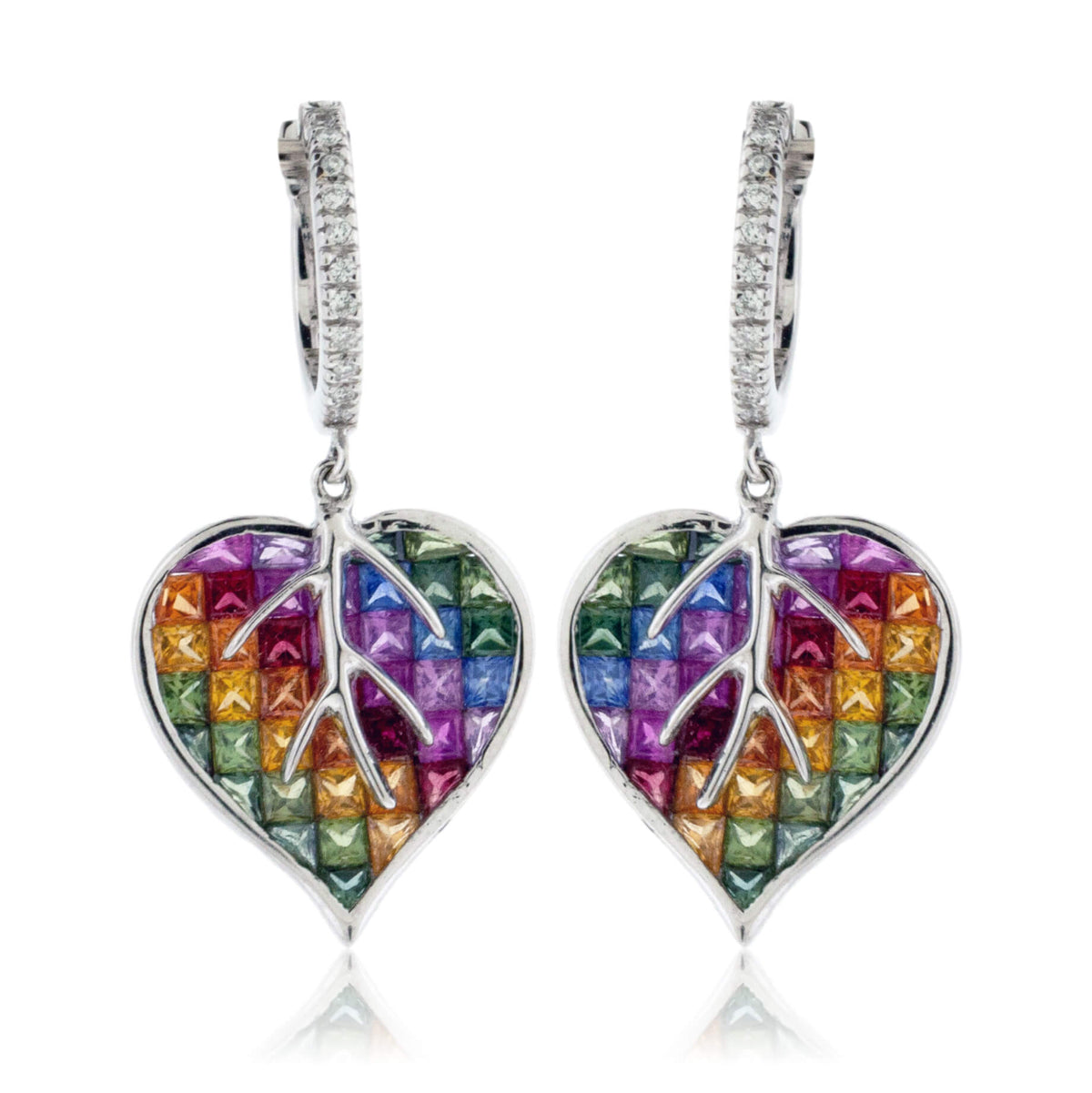 Invisible Set Rainbow Sapphire & Diamond Heart / Leaf Earrings - Park City Jewelers