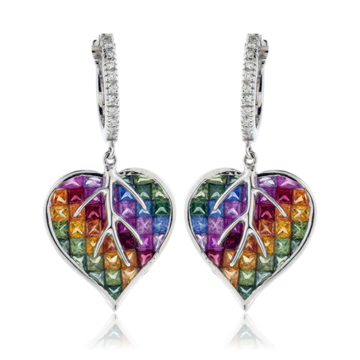 Invisible Set Rainbow Sapphire & Diamond Heart / Leaf Earrings - Park City Jewelers