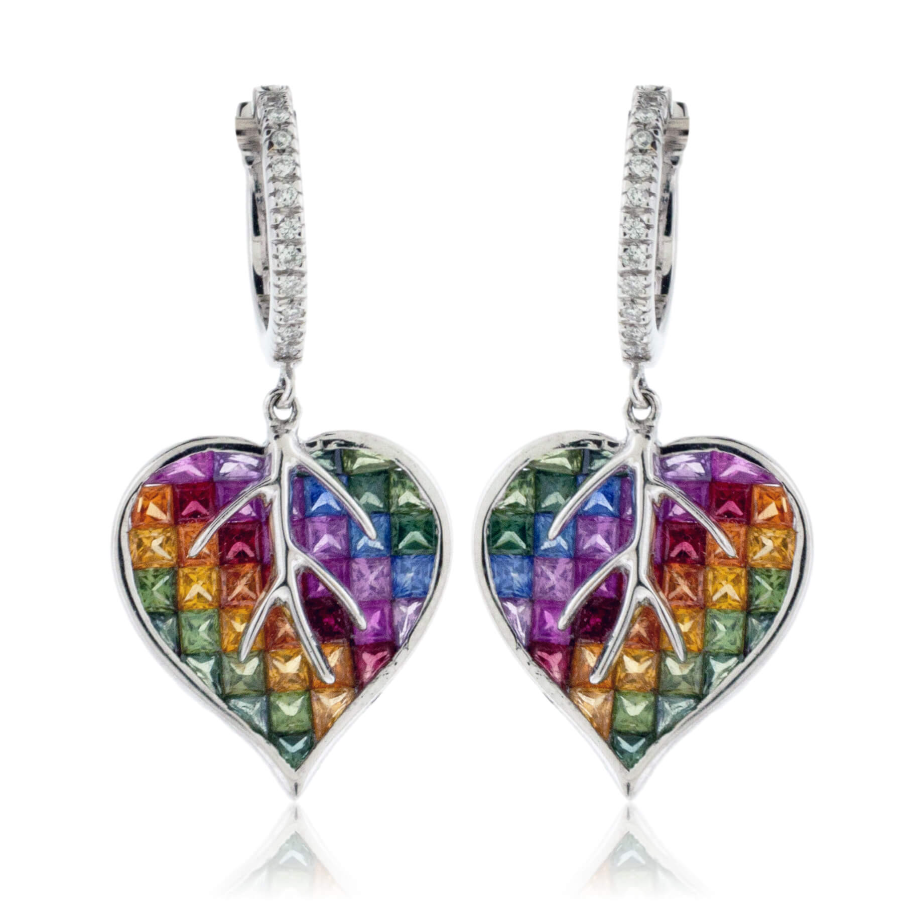 Invisible Set Rainbow Sapphire & Diamond Heart / Leaf Earrings - Park City Jewelers
