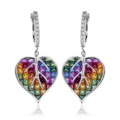 Invisible Set Rainbow Sapphire & Diamond Heart / Leaf Earrings - Park City Jewelers