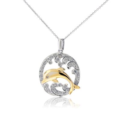 Jumping Dolphin in Diamond Wave Pendant - Park City Jewelers