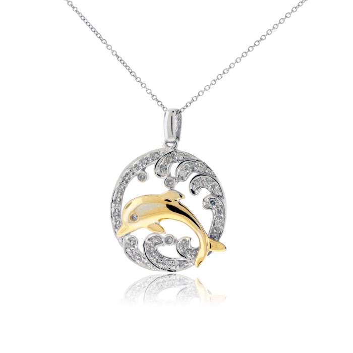 Jumping Dolphin in Diamond Wave Pendant - Park City Jewelers