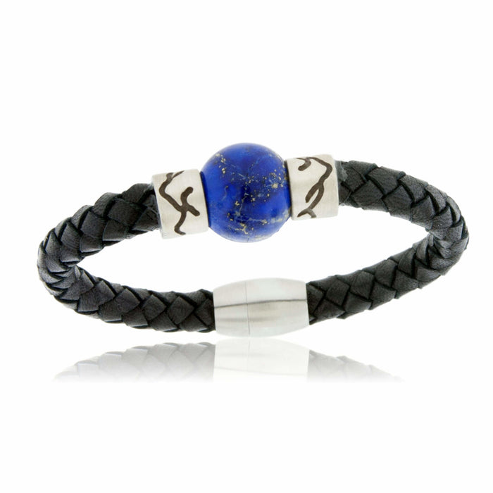 Lapis & Mountain Bead on Woven Leather Sterling Silver Bracelet - Park City Jewelers